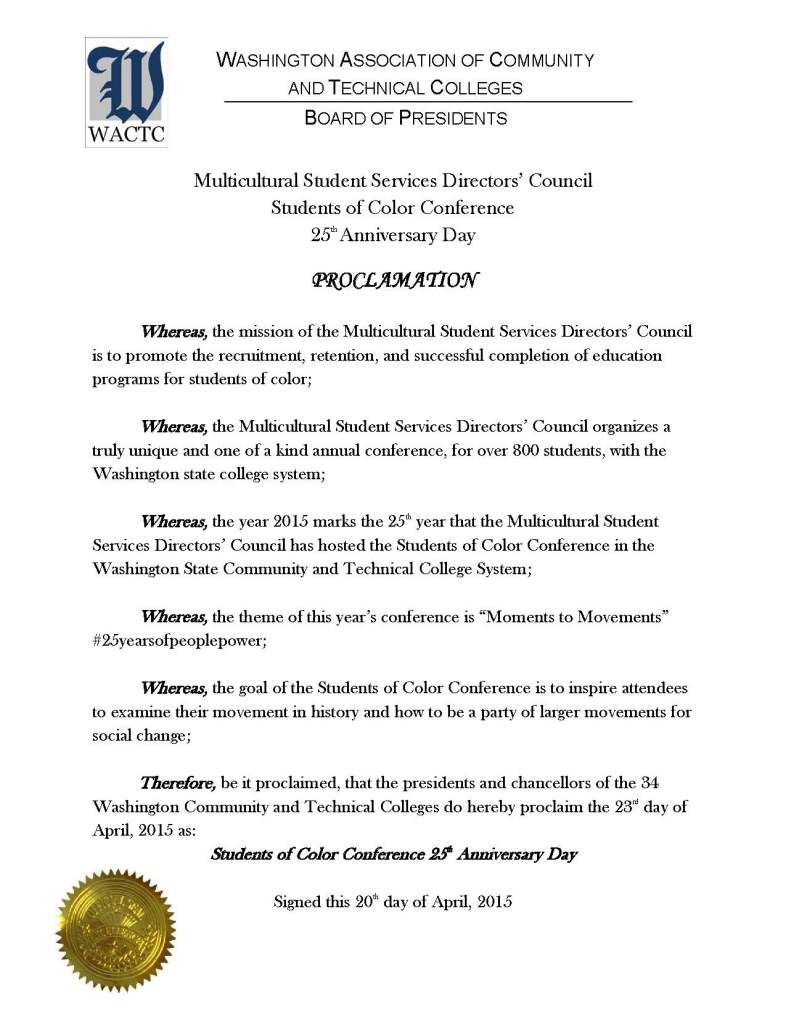 Proclamation announcing April 23 as Students of Color Conference 25th Anniversary Day
